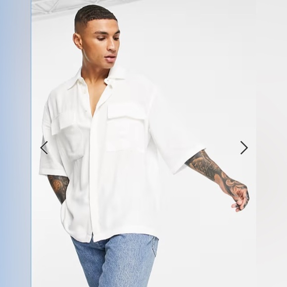 BERSHKA Men’s Oversized White Double Pocket Button Street Urban Shirt 40 Large L - Picture 1 of 10